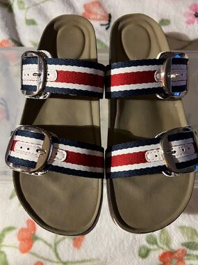 Madden Girl Navy White Red Striped Dual-Buckle Slide Sandals